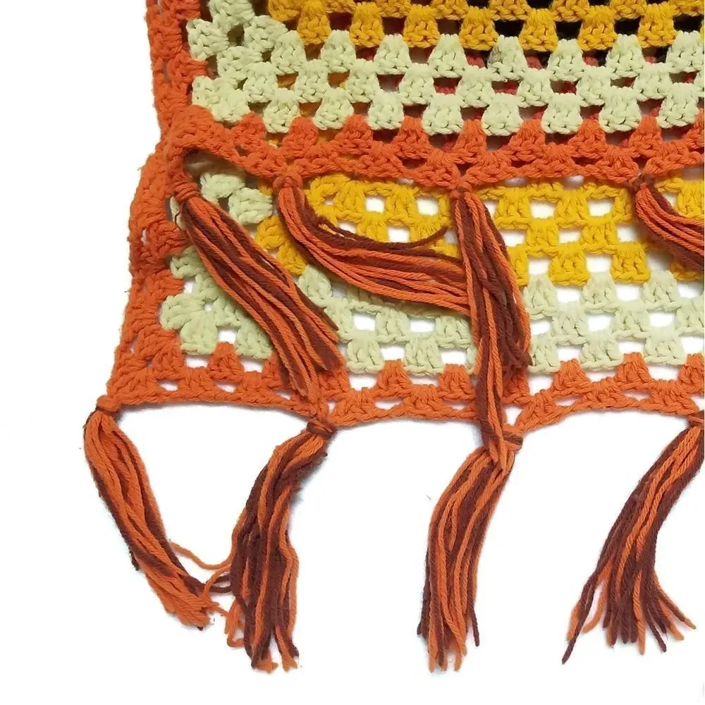 VINTAGE 1970s Handmade Crochet Fall Fringe Granny Square Afghan Throw Blanket
